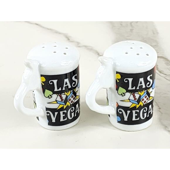 Salt & Pepper Shakers Las Vegas Souvenir 80s Porcelain 2 1/4" Cards Dice Design - Picture 6 of 12